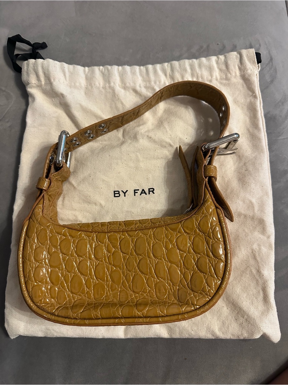 BY FAR Croc-Embossed Mustard Mini Shoulder Bag